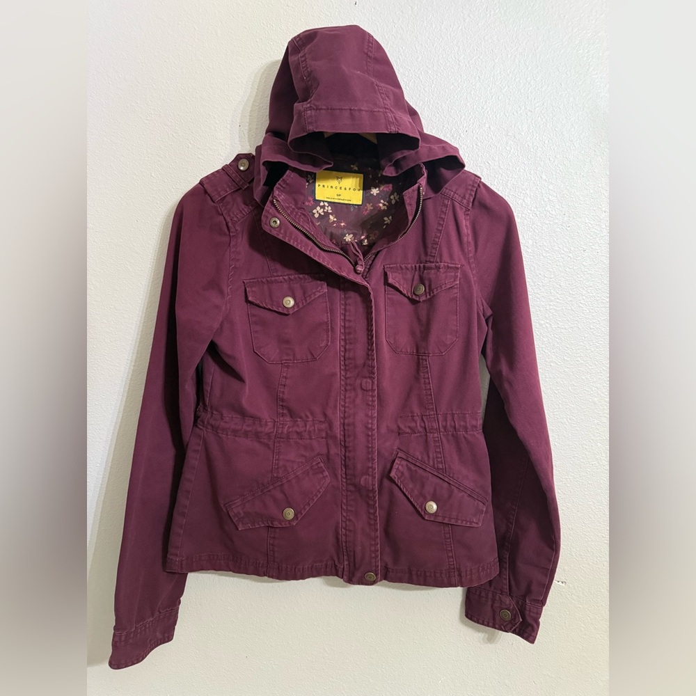 Prince & Fox Burgundy Utility Cargo Jacket Women’s Size Small Zip Up Pockets